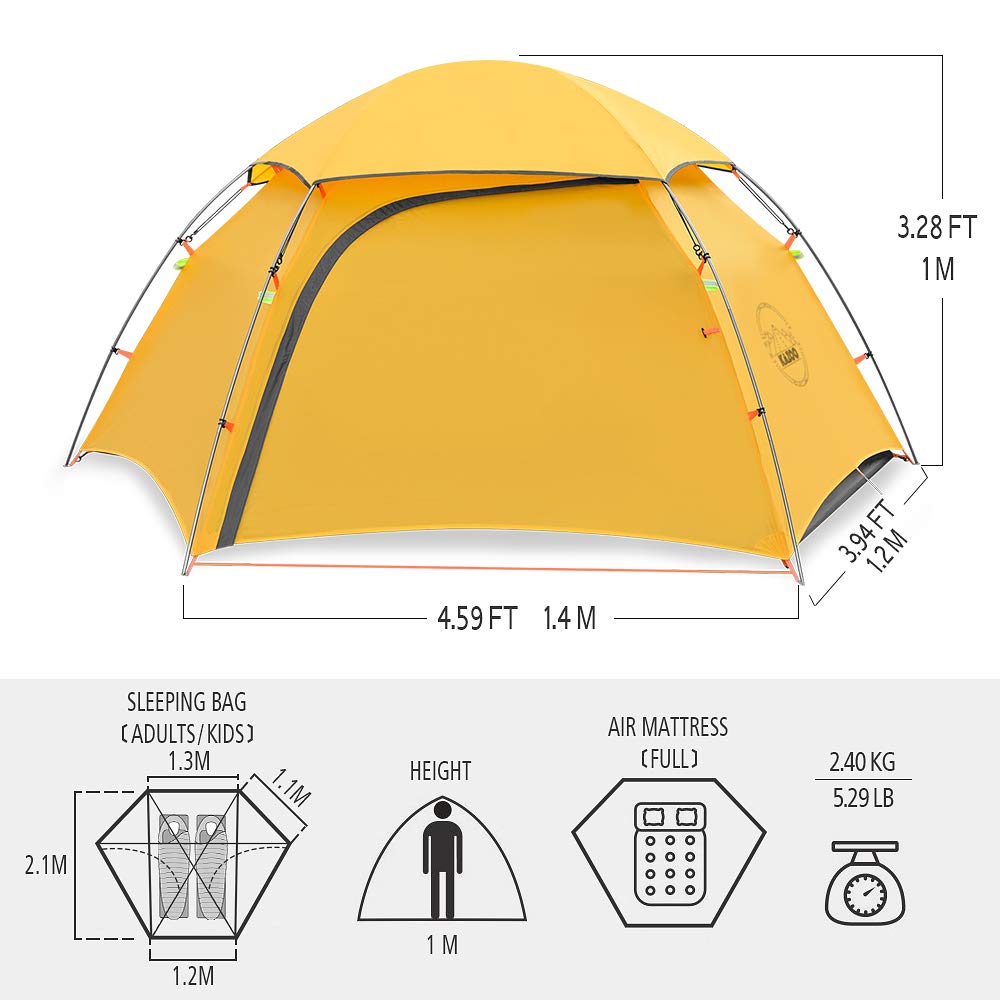 KAZOO Waterproof Backpacking Tent Ultralight 1/2 Person Lightweight Camping Tents 1/2 People Hiking Tents Aluminum Frame Double Layer (2P Yellow)