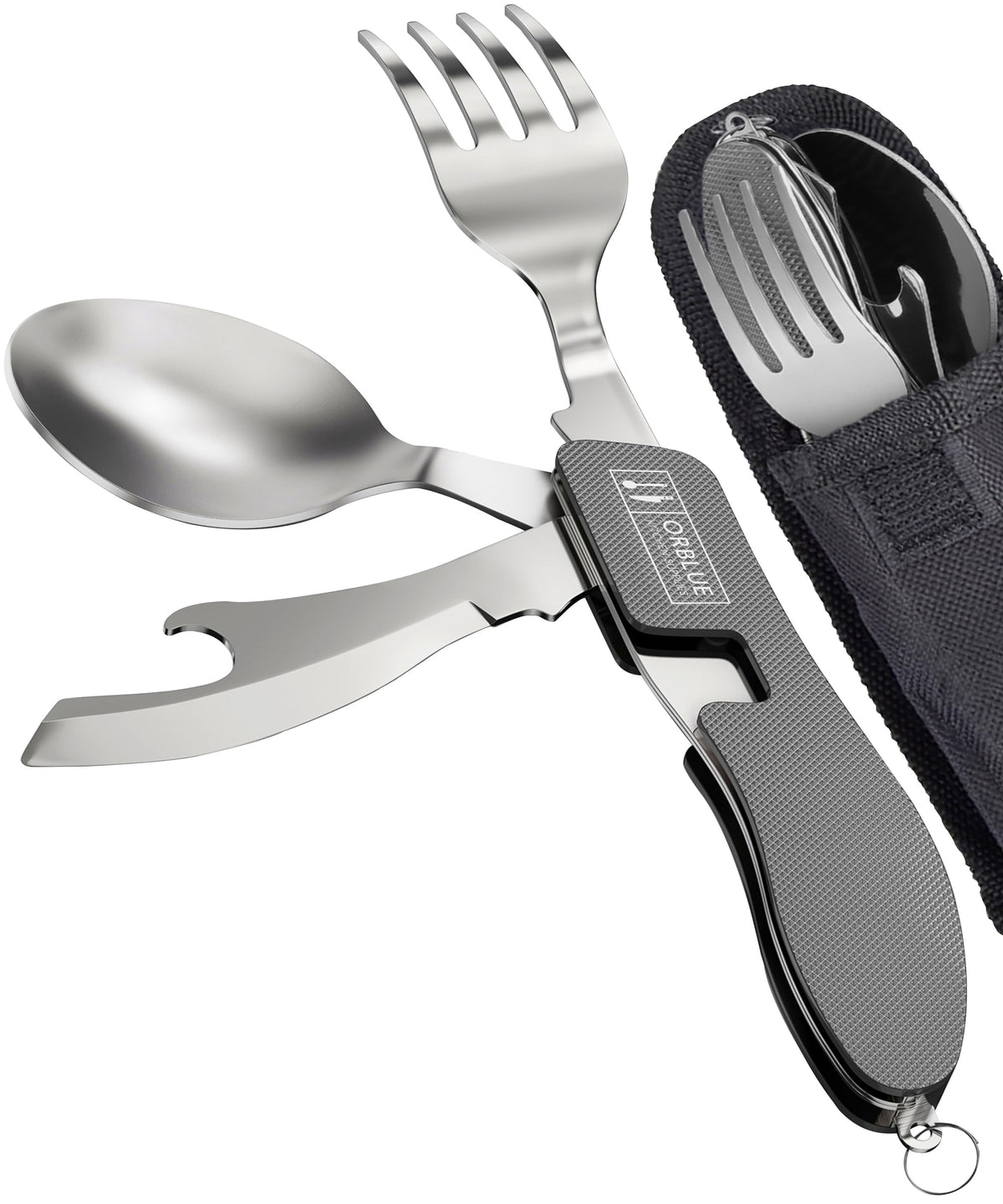 Orblue 4-in-1 Camping Utensils, 2-Pack - Portable Stainless Steel Spoon, Fork, Knife & Bottle Opener Combo Set - Travel, Backpacking Cutlery Multitool, Gray