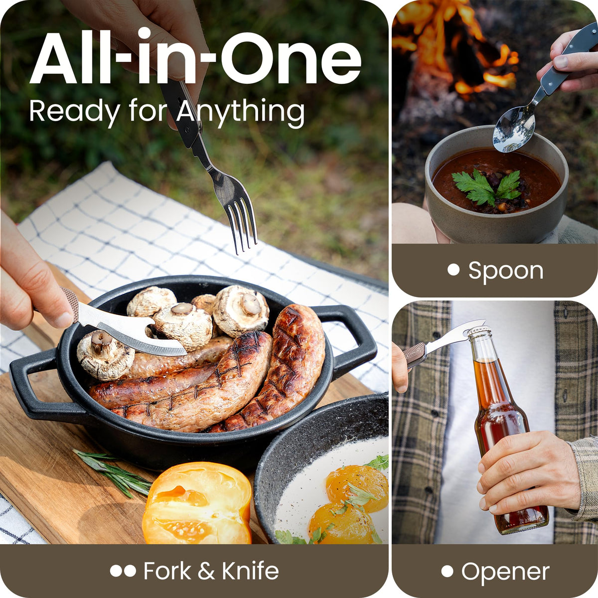 Orblue 4-in-1 Camping Utensils, 2-Pack - Portable Stainless Steel Spoon, Fork, Knife & Bottle Opener Combo Set - Travel, Backpacking Cutlery Multitool, Gray