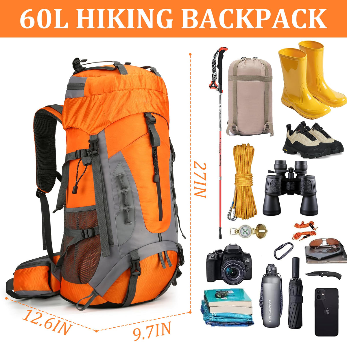 W WINTMING 60L Hiking Backpack with Rain Cover Waterproof Camping Backpack with Shoes Warehouse for Backpacking Treeking Climbing
