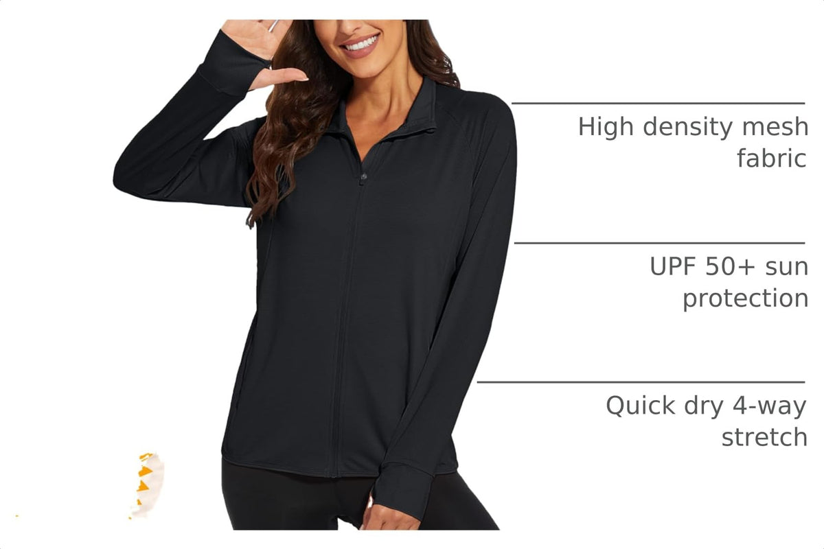 MAGCOMSEN Women's UPF 50+ Lightweight Athletic Jacket Sun Protection Full Zip Long Sleeve Shirts Hiking Outdoor Pockets Black M