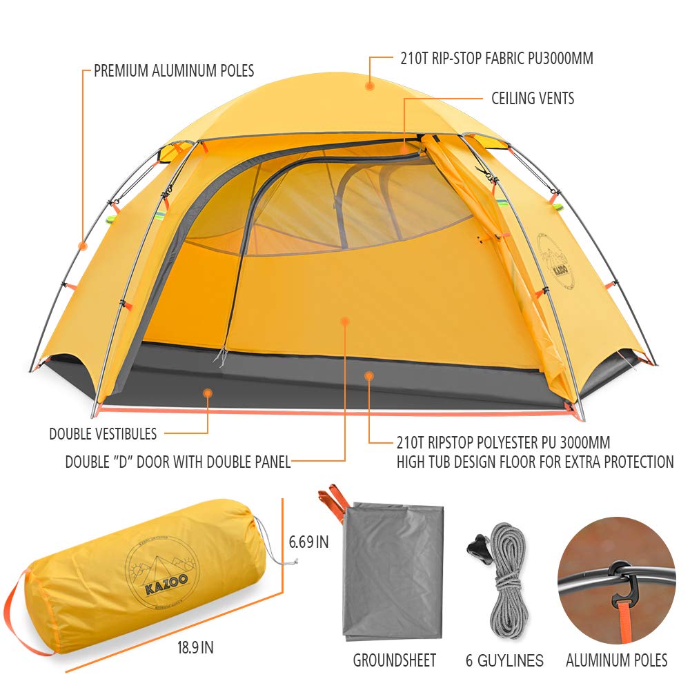 KAZOO Waterproof Backpacking Tent Ultralight 1/2 Person Lightweight Camping Tents 1/2 People Hiking Tents Aluminum Frame Double Layer (2P Yellow)