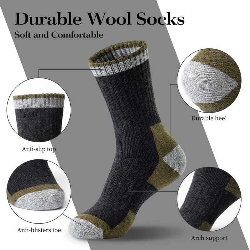 SIMIYA Merino Wool Hiking Socks for Men - 5 Pairs Thick, Warm, Thermal Winter Crew Socks for Cold Weather