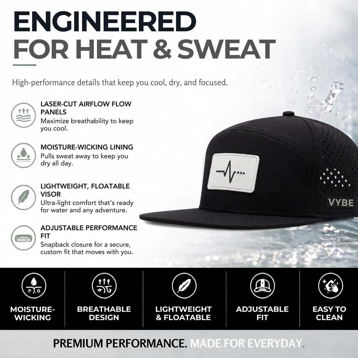VYBE 639 Flow Performance Snapback Hat – Water Resistant, Breathable, Moisture Wicking Athletic Cap (Midnight Vybe)
