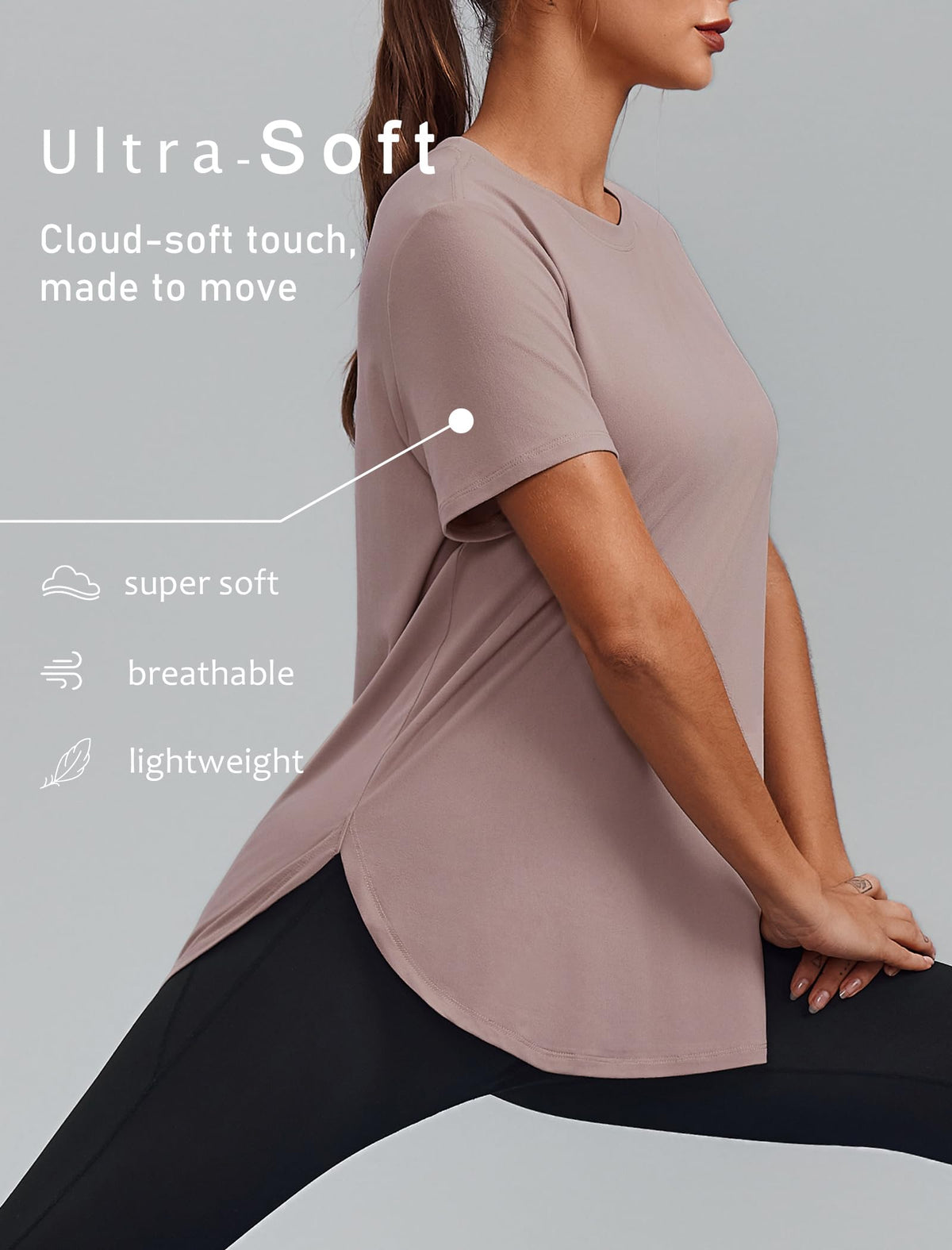 PINSPARK Workout Tops for Women Round Neck Hiking Shirt Short Sleeve Athletic Shirts SPF 50+ Running Top Quick Dry Fitness Clothing, Warm Ash Grey Medium