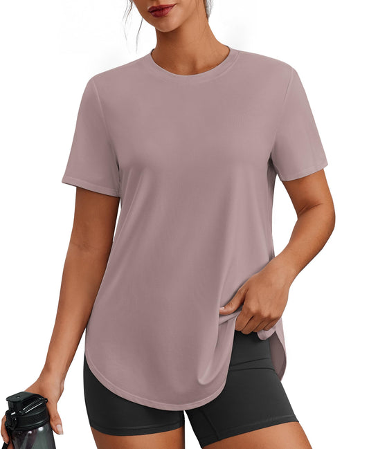 PINSPARK Workout Tops for Women Round Neck Hiking Shirt Short Sleeve Athletic Shirts SPF 50+ Running Top Quick Dry Fitness Clothing, Warm Ash Grey Medium