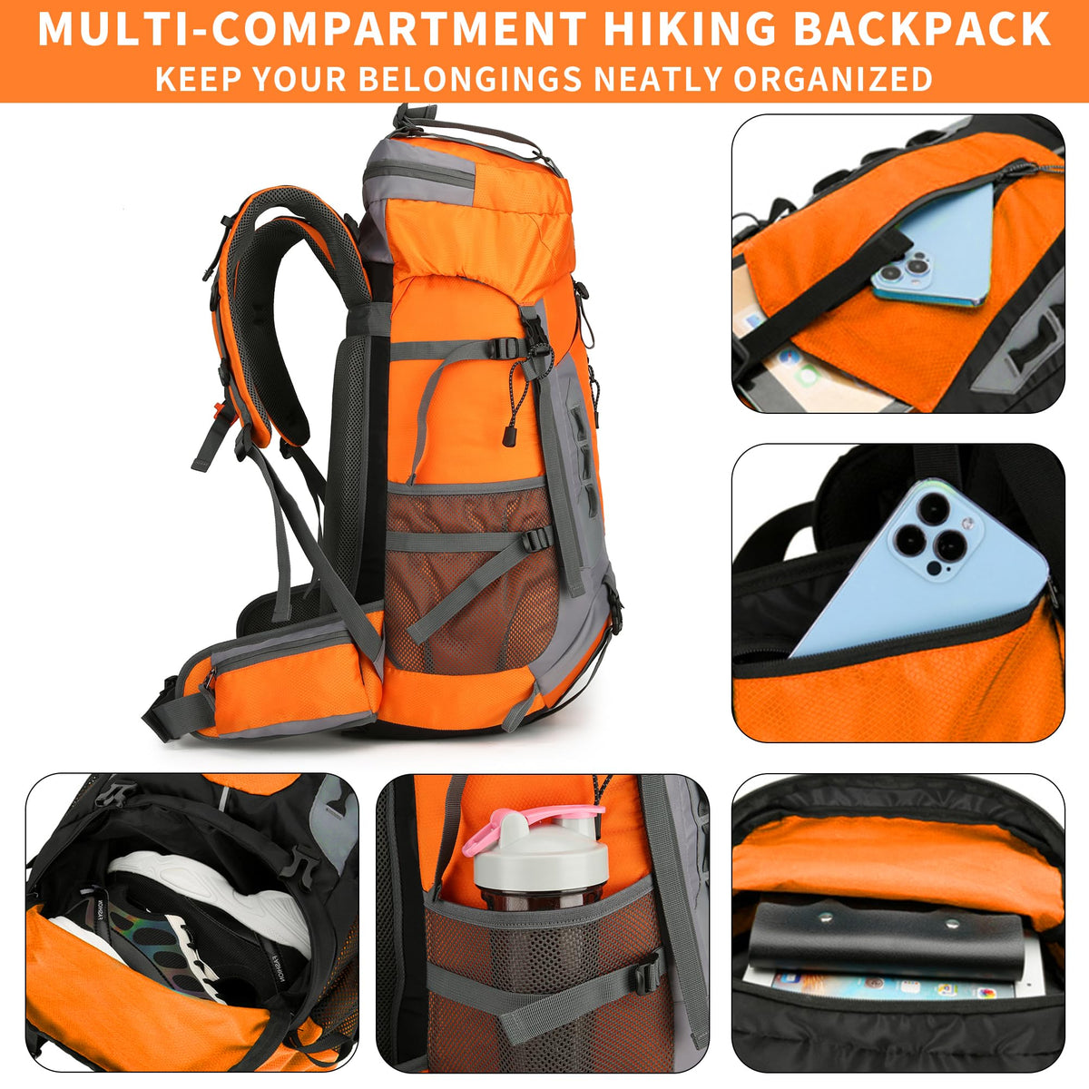 W WINTMING 60L Hiking Backpack with Rain Cover Waterproof Camping Backpack with Shoes Warehouse for Backpacking Treeking Climbing